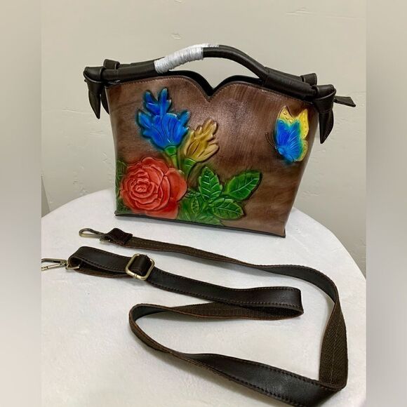 Genuine Distressed Leather Relief Floral & Butterfly Embossed Satchel/Crossbody - Picture 10 of 16